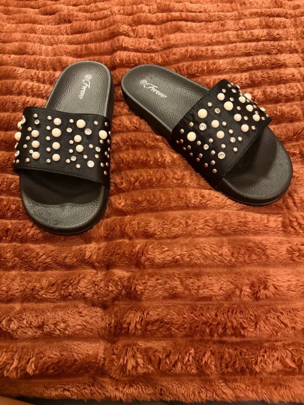 Black Embellished Slide Sandals with Pearls and Rhinestones
